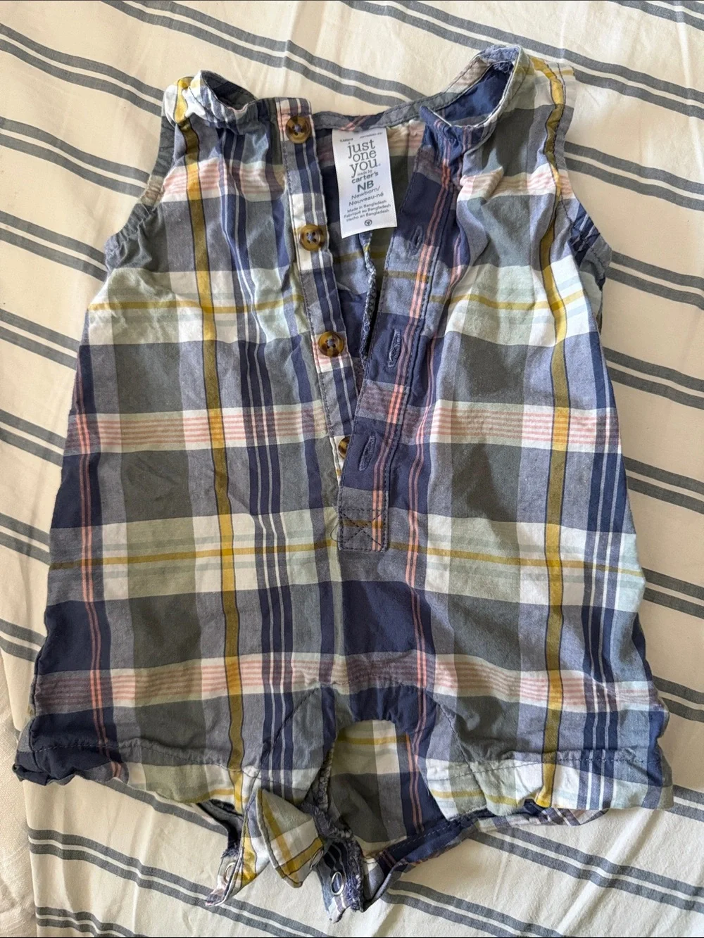 Carter's Plaid Newborn Romper in Navy, Pink & Yellow